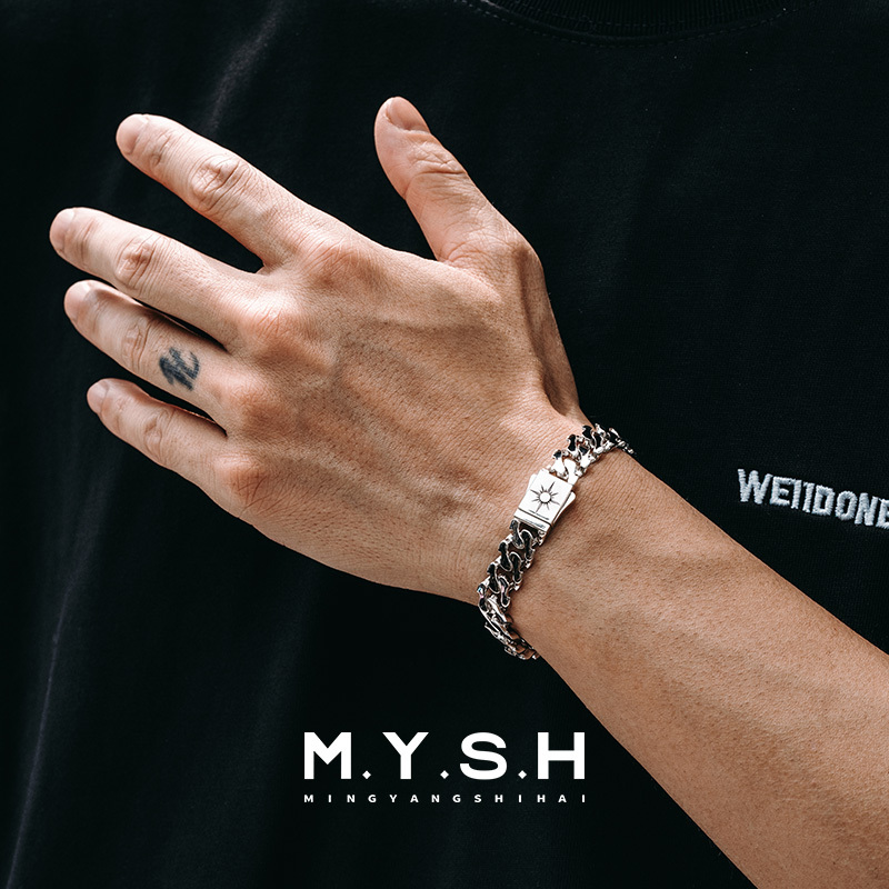 Mysh Pure Silver Sun Cuban Bracelet for Men, High-End, Cool and Solid, Wider Handmade Silver Jewelry, Original Design