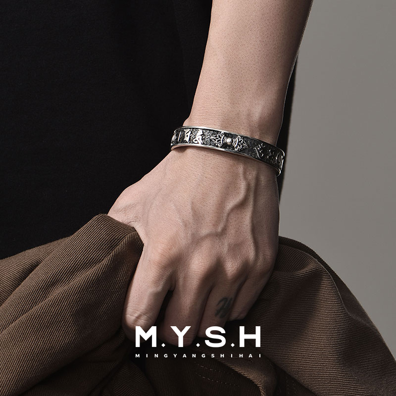 Mysh Sterling Silver Vajra Six-Syllable Mantra Bracelet for Men, Good Luck and Fortune Bracelet, Retro Niche Design Gift