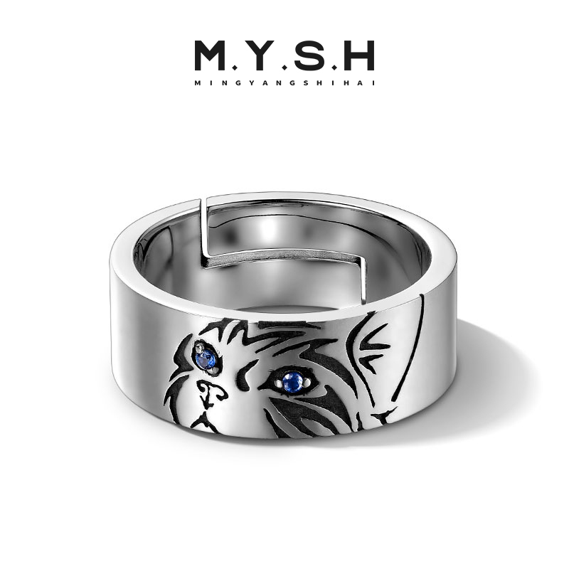 Mysh Sterling Silver Blue-Eyed Cat Ring Men's High-End Niche Ring Adjustable Open Ring Original Design