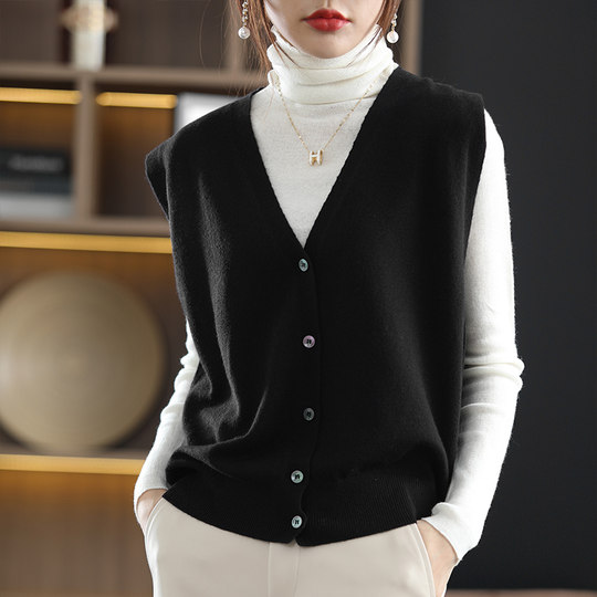 100% Wool Vest V-Neck Cardigan New Style Knitted Vest Outerwear for Women Spring and Autumn Elegant Loose Sleeveless Sweater Vest