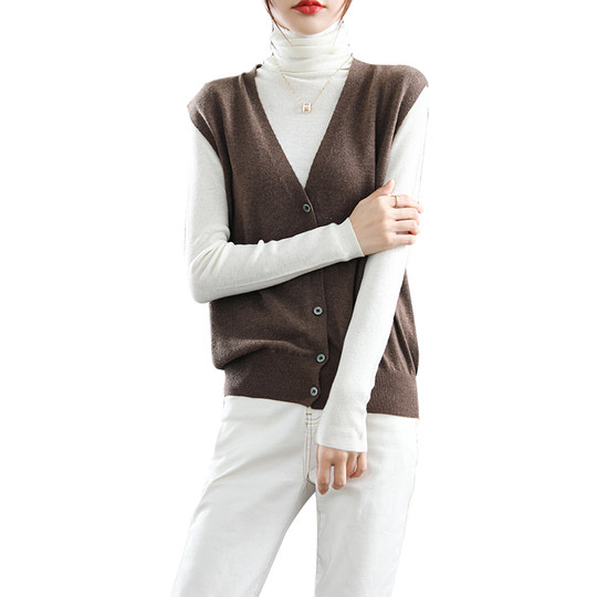 100% Wool Vest V-Neck Cardigan New Style Knitted Vest Outerwear for Women Spring and Autumn Elegant Loose Sleeveless Sweater Vest