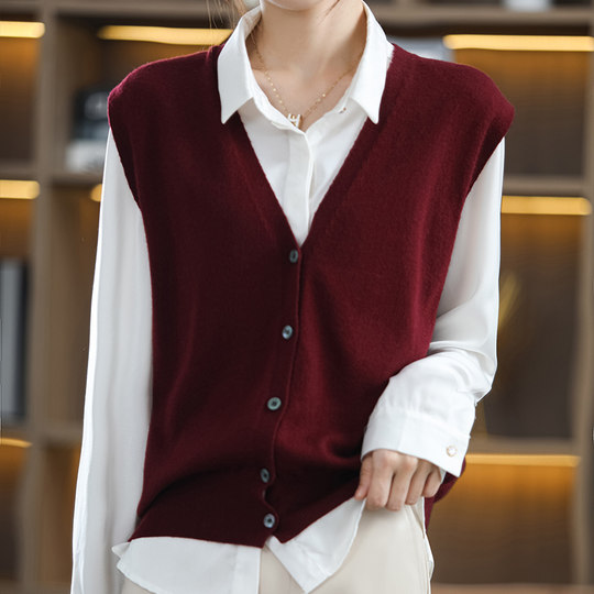 100% Wool Vest V-Neck Cardigan New Style Knitted Vest Outerwear for Women Spring and Autumn Elegant Loose Sleeveless Sweater Vest