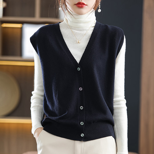 100% Wool Vest V-Neck Cardigan New Style Knitted Vest Outerwear for Women Spring and Autumn Elegant Loose Sleeveless Sweater Vest