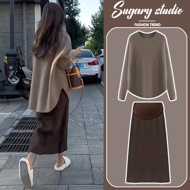 British Style Mdcw Maternity Suit Autumn and Winter Sweater Mid-Length Skirt 2026 New Fashionable Two-Piece Set