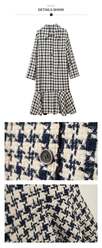 popozi biển sâu nàng tiên cá tweed áo kẻ sọc giữa chiều dài houndstooth lỏng - Áo khoác ngắn