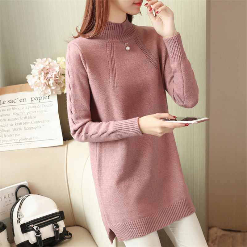 Autumn and winter new medium and long version of knitwear pullover solid color half turtleneck sweater women's loose long sleeve inner clothing Women's