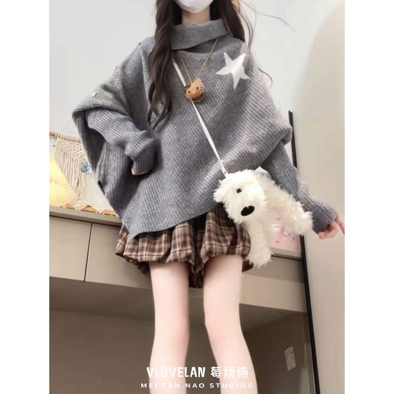 Autumn and Winter New Style Irregular Design Loose Niche Cape Embroidered Turtleneck Star Sweater Cape Knitwear for Women