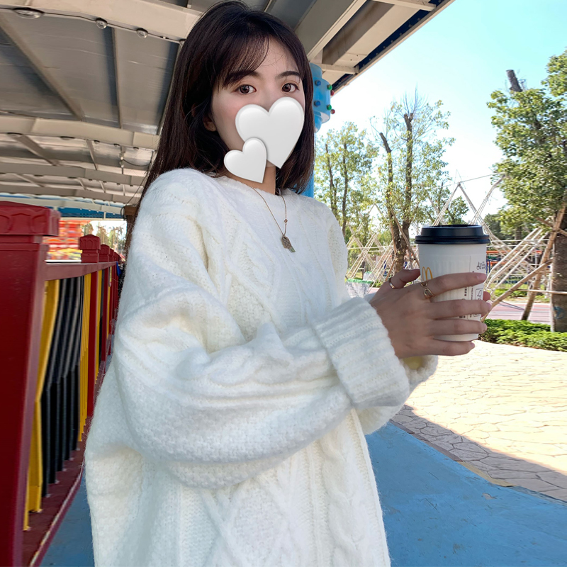 2026 Autumn/Winter New White Thick Twisted Knit Pullover Sweater for Women, Loose Fit, Plus Size, Solid Color, Korean Style, Lazy Style