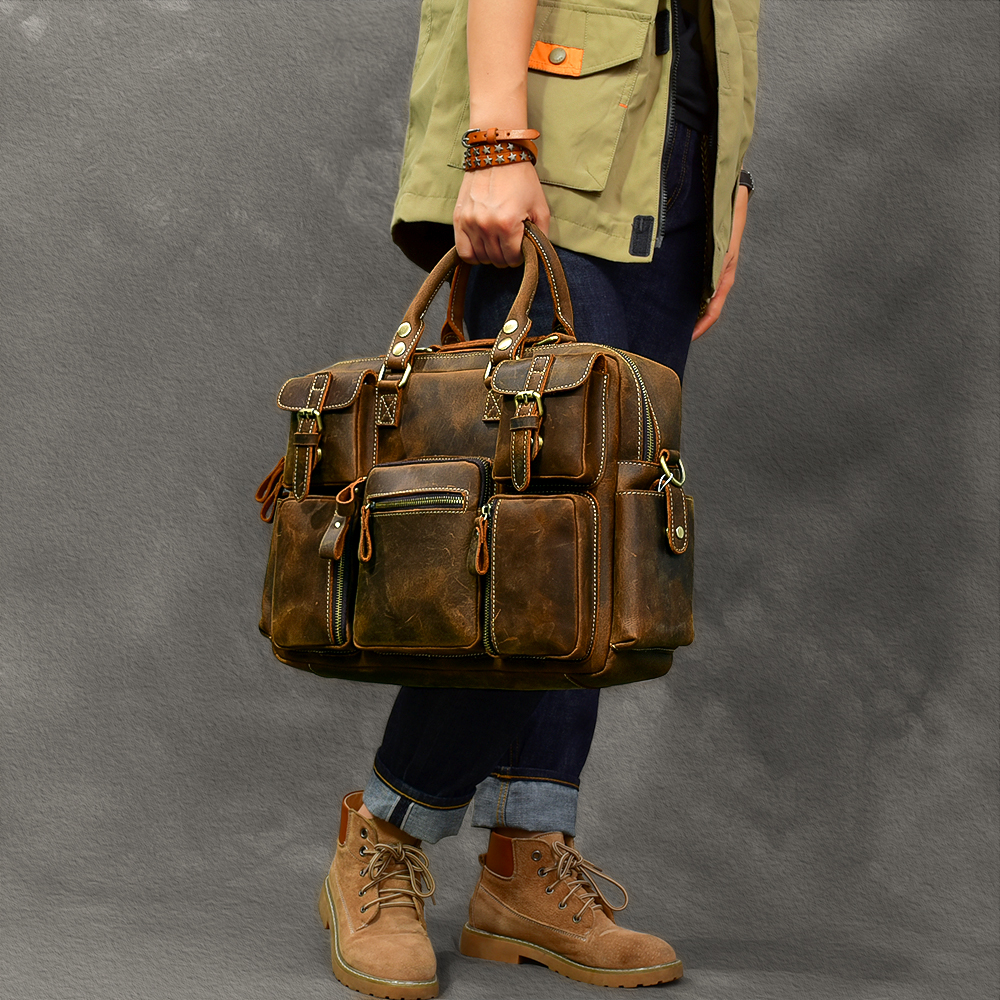 24th Street retro - European and American hand carrying mad horse skin travel bag bull skin large capacity single shoulder bag