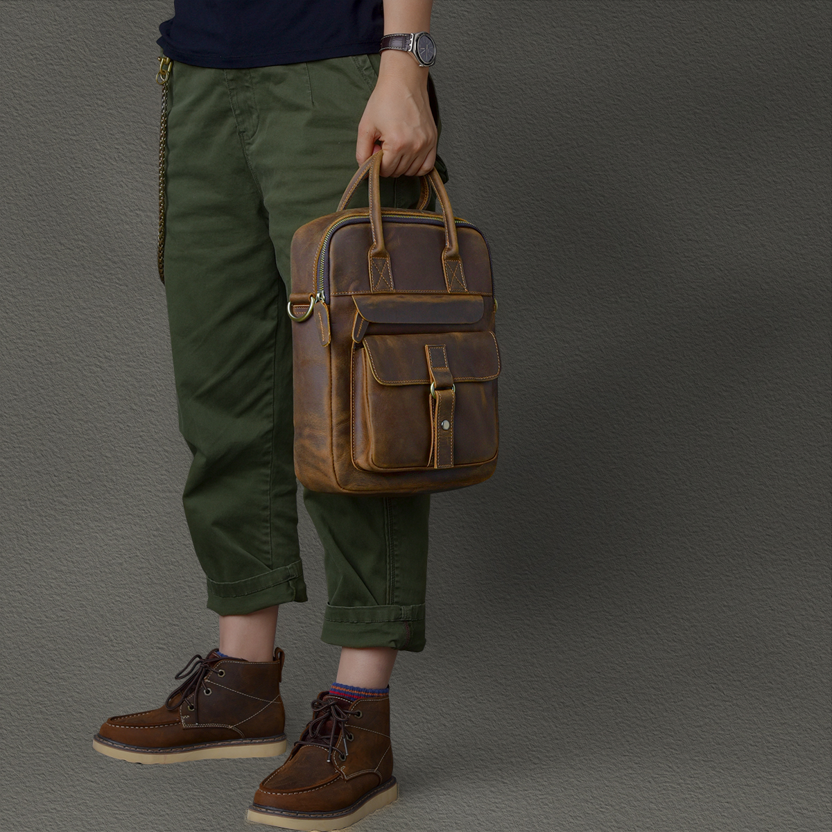 Twenty-fourth street British vintage cowhide men's shoulder messenger bag crazy horse leather casual everyday handbag