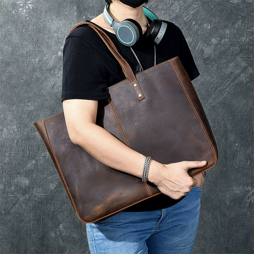 Hai mươi tư đường phố Châu Âu và Châu Mỹ Retro Handmade Crazy Horse Leather Túi xách công suất lớn Túi chéo Túi tote Túi xách nam và nữ Túi da - Túi của con người