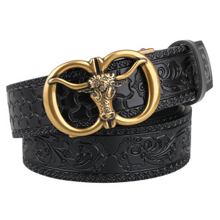 牛头自动扣压花皮带男士装饰带个性动物头