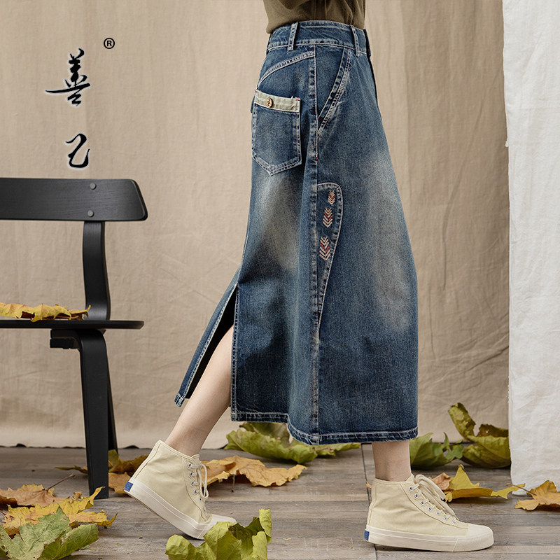 Shanji spring dress new loose casual fashion embroidered denim skirt Women's wild stitching A-line skirt midi skirt