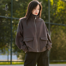 Autumn and winter plus velvet casual stand collar loose jacket zipper high waist long sleeve elastic lazy wind Art slim womens coat