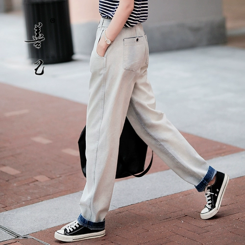 善己 Джинсы, светлые штаны, по фигуре, свободный прямой крой, высокая талия