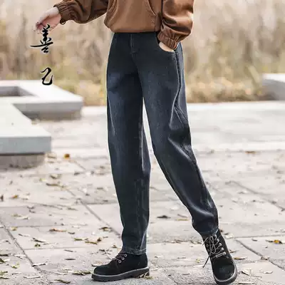 Good Ji high-waisted jeans women's loose straight 2021 Winter plus velvet thickened slim Harlan lob daddy pants