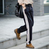 Shanji straight casual pants womens loose high waist thin 2021 autumn side bar color cotton wide legs