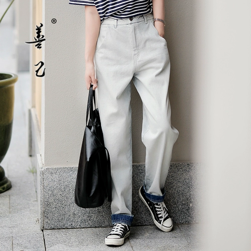 善己 Джинсы, светлые штаны, по фигуре, свободный прямой крой, высокая талия
