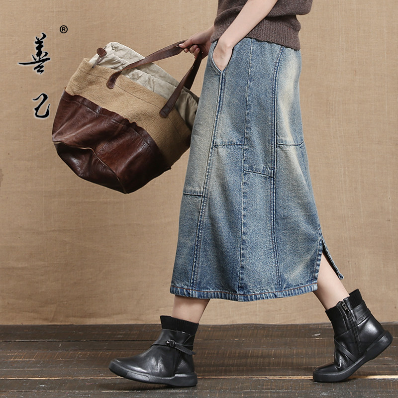 Shanji 2021 spring denim skirt women's retro stitching denim skirt medium and long version A-line skirt literary skirt tide