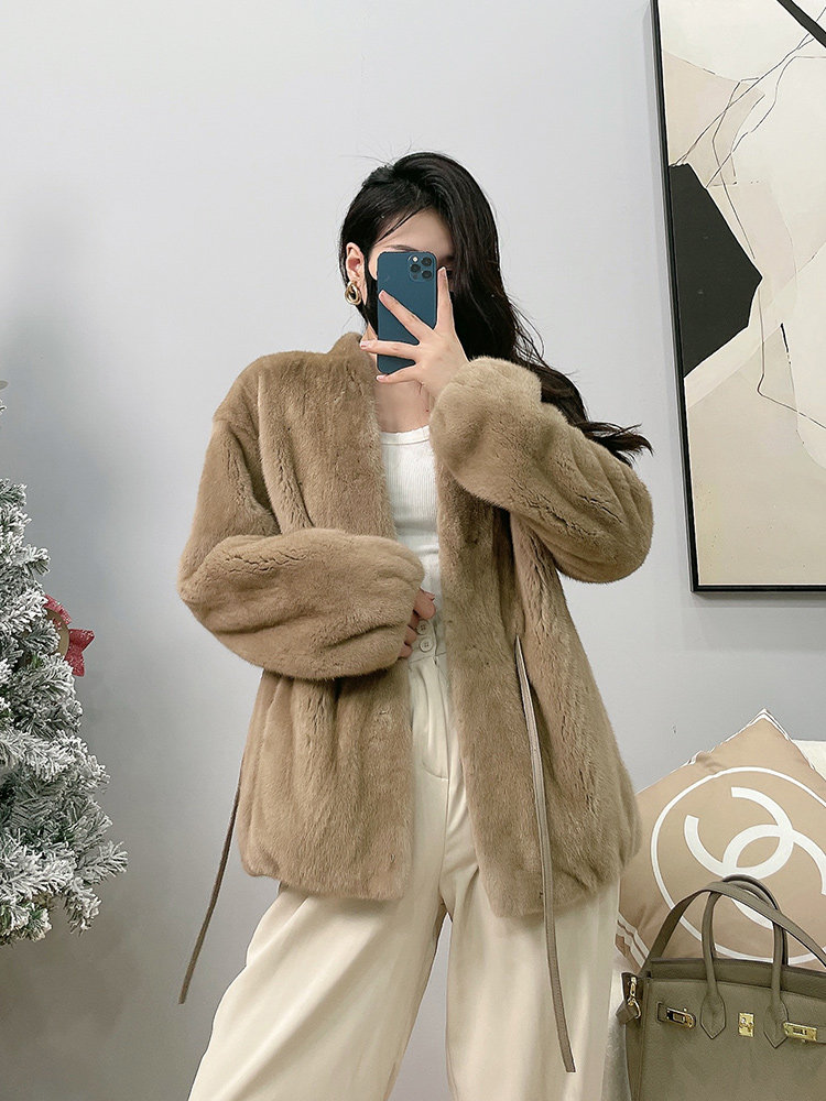 Mrs. Leng's young Haining whole mink mink fur tie waist velvet mink fur coat women's fur coat