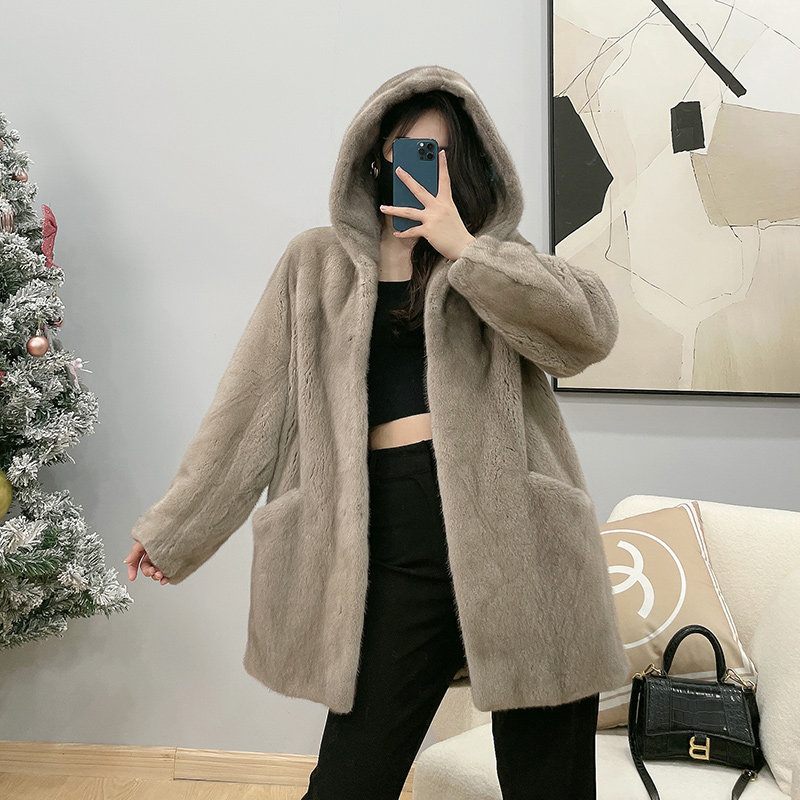 Mrs. Leng's young style pocket hooded mid-length mink fur imported velvet mink fur coat women's fur coat