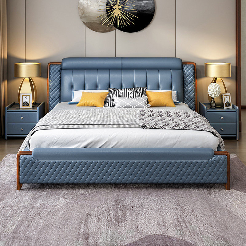 Nordic leather bed simple leather bed double 1.8 meters modern front layer cowhide blue large master bedroom wedding bed tatami