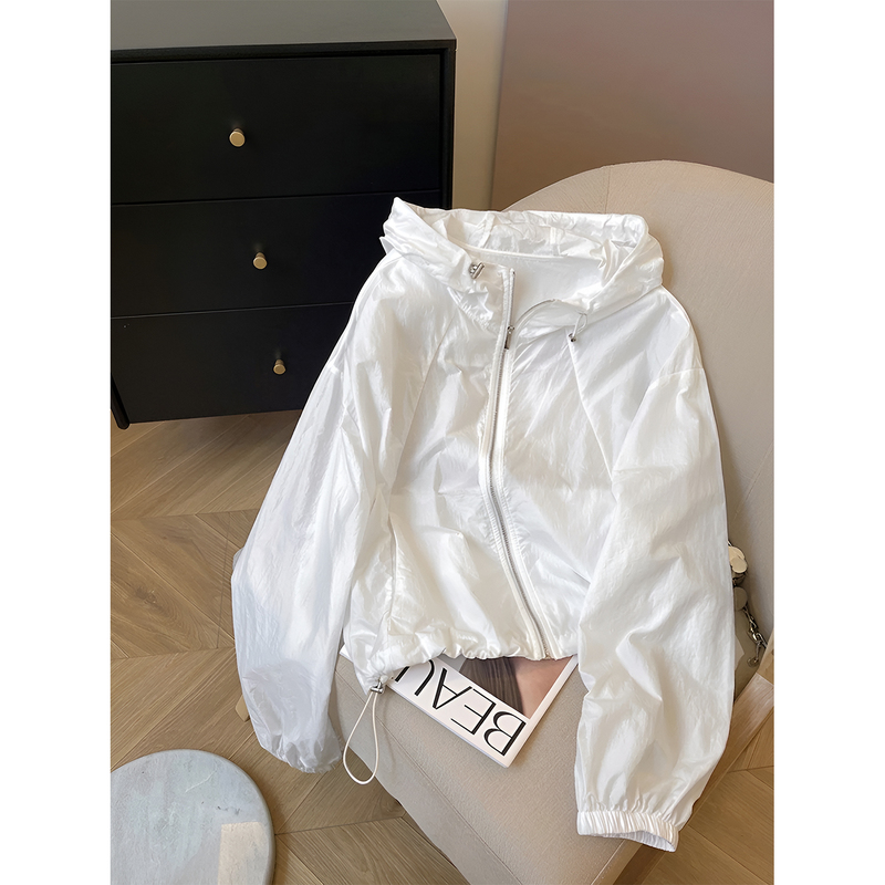 White Thin Simple Sun Protection Jacket for Women, New Summer Style Drawstring Hooded Loose Casual Breathable Long-Sleeved Top