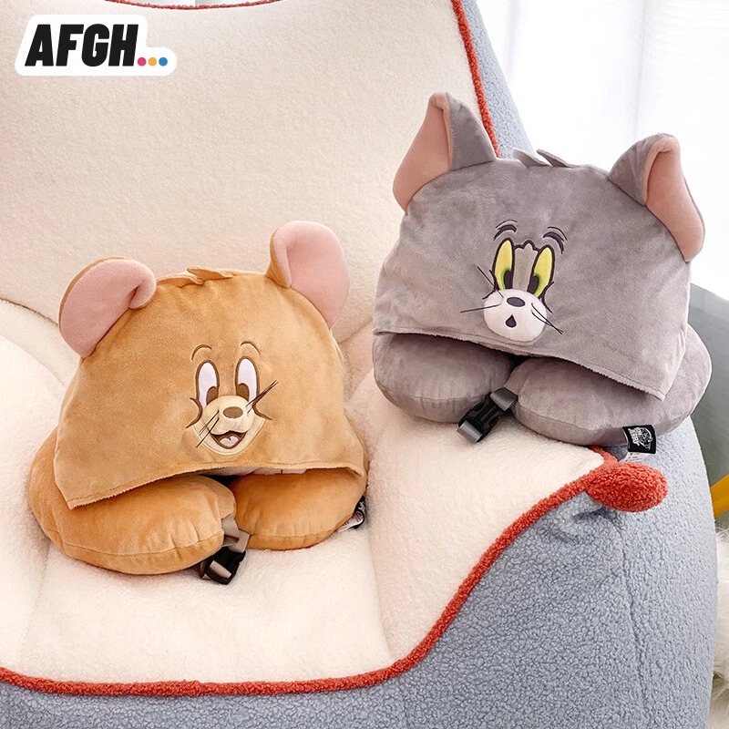Afgh Warner Officially Licensed Tom and Jerry Hooded Neck Pillow, Long-Distance Flight Neck Protection U-Shaped Pillow