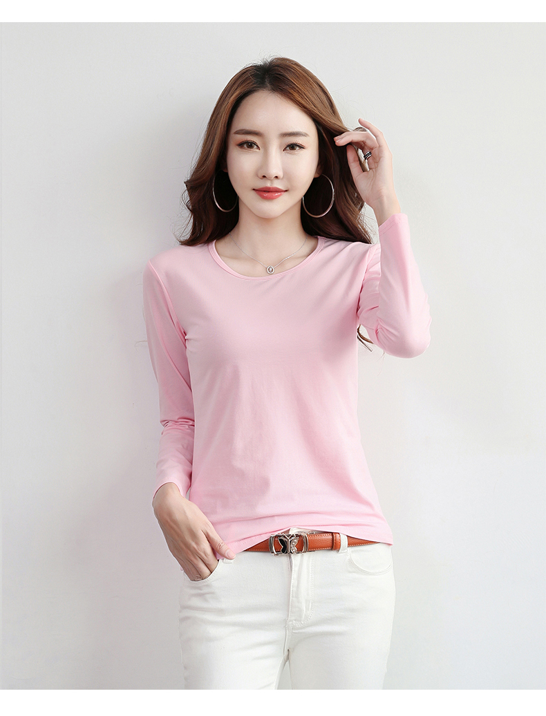 Mùa thu cổ tròn dài trục nữ dài tay áo thun cotton đẫm máu áo nhỏ mùa hè mỏng phần thường mặc quần áo mùa thu bên ngoài đất nữ áo thun cổ lọ nữ