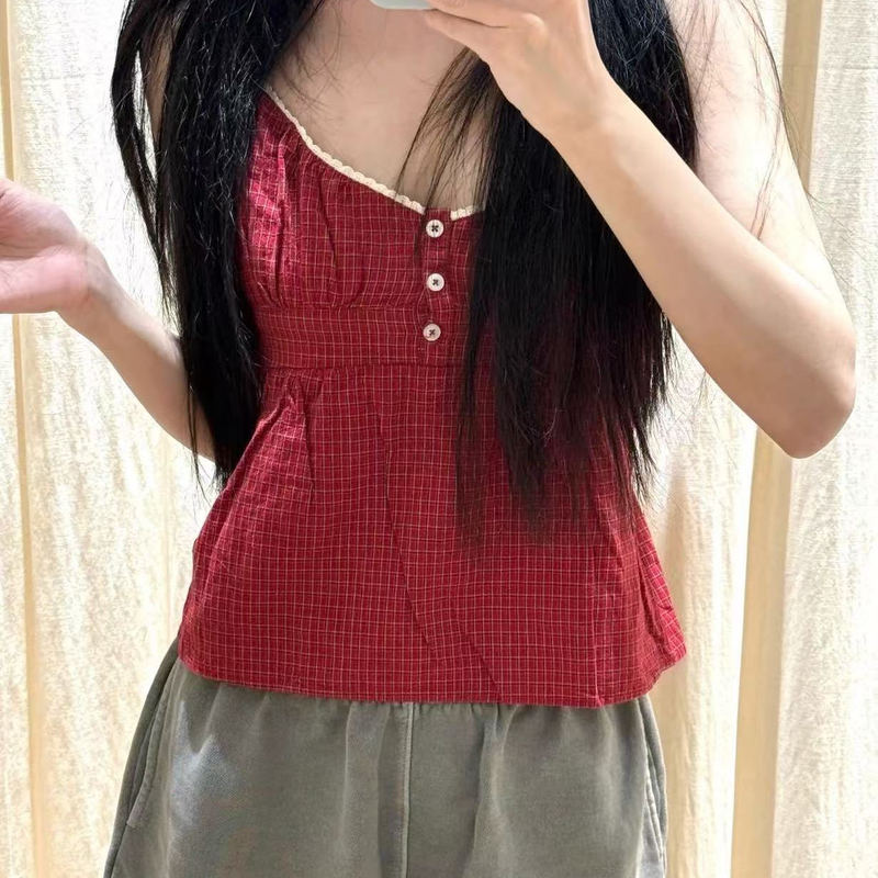 B@ Brand Cut-Label Three-Button Lace Collar Red Plaid Outerwear Camisole for Women, Vintage Slim-Fit Short Inner Wear