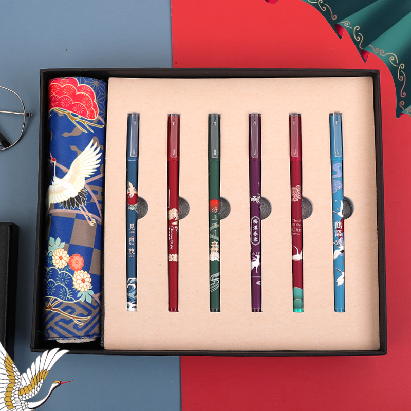 Chinese Palace Court Wind Retro Art Roller Shutters Pen Bag Gift Box Set Fairy Crane Middle Sex Pen Cotton Linen Sign Pen Containing Bag Cloth Art pen box accompanied by hand creative student stationery send classmate's birthday present
