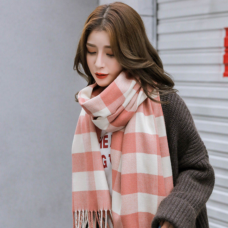 South Korean plaid scarves women winter warmth 100 hitch fashion long version of the stream Su knit ladies' woolen girly girly winters