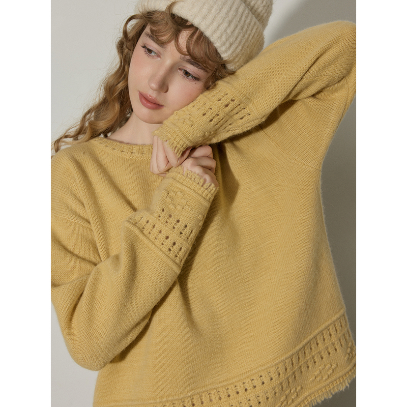 La Magie 50% Wool Retro Fringed Round Neck Sweater for Women, Pullover Design, Camel Wool Knitwear