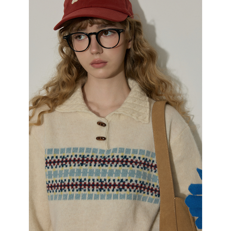 Llyllylly 50% Sheep Wool Retro Lapel Fair Isle Jacquard Knitwear Women's Autumn and Winter Camel Wool Knitwear Llyllylly 50% Sheep Wool Retro Lapel Fair Isle Jacquard Knitwear Women's Autumn and Winter Camel Wool Knitwear