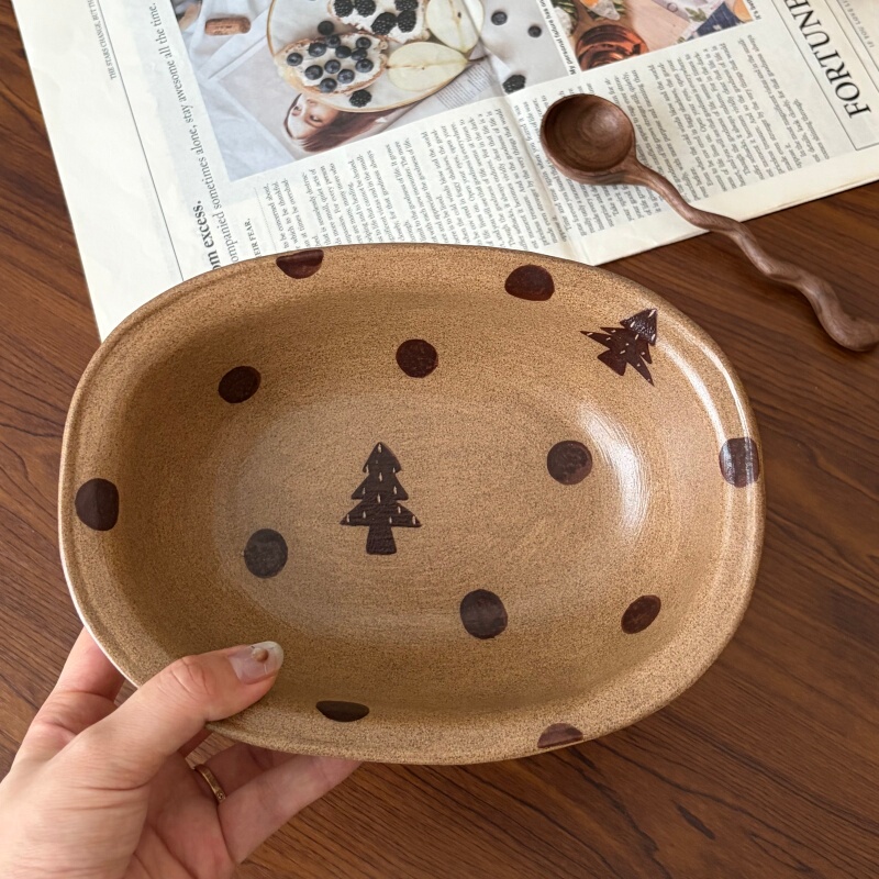 Zhangzhang's Shop·Hand-Painted Polka Dot Small Tree Baked Rice Deep Plate Coarse Pottery Tableware Underglaze Color Cute Retro Home and Commercial Use Zhangzhang's Shop·Hand-Painted Polka Dot Small Tree Baked Rice Deep Plate Coarse Pottery Tableware Underglaze Color Cute Retro Home and Commercial Use