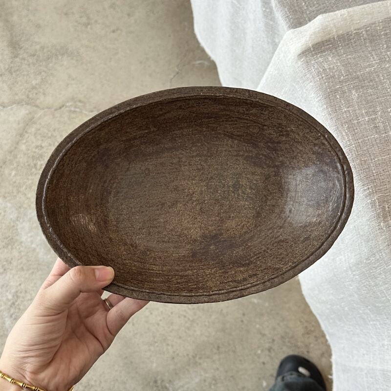 Zhangzhang's Store·Mottled Coffee-Colored Boat-Shaped Oval Plate with Underglaze Color, Coarse Pottery Tableware for Home and Guesthouses, Suitable for Dishes and Salads