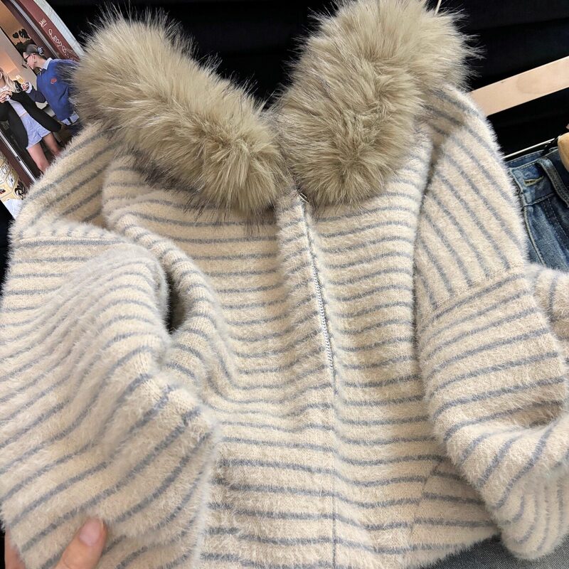 Non-Pilling Warm Thick Mink Wool Sweater Striped Coat for Women, Winter Loose Lazy Style Cardigan Knit Top Non-Pilling Warm Thick Mink Wool Sweater Striped Coat for Women, Winter Loose Lazy Style Cardigan Knit Top