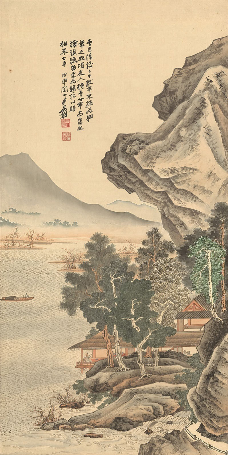 張大千 山水画 掛け軸 滄浪漁笛図 中国画 表装済 サイズ：70×173cm