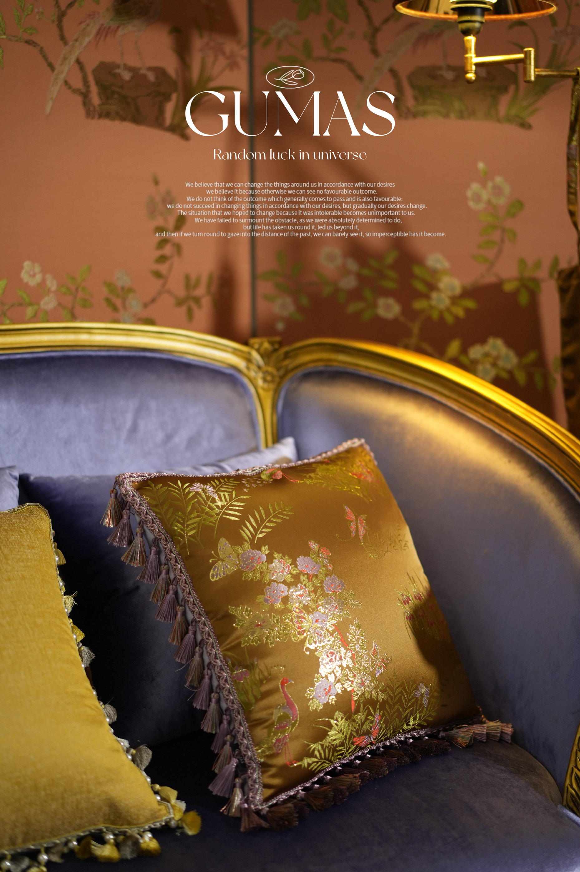 Detailed view of hand-sewn purple and gold tassel fringe on luxury brocade pillow cover