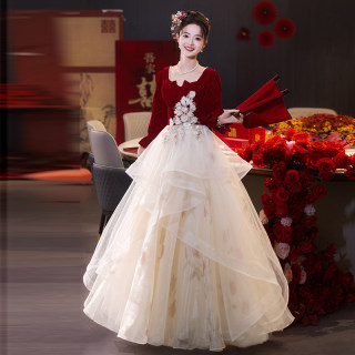 大码敬酒服2024新款胖mm200斤新娘秋冬结婚红色订婚礼服裙女冬季