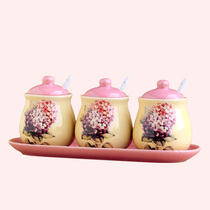 ● Promotional European pastoral seasoning pot Ceramic kitchen seasoning pot three-piece set with plate spoon