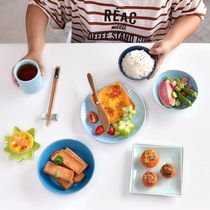 Japanese minimalist hipster Macarone colored ceramic breakfast Pat tableware underglaze carved flower bowl plate