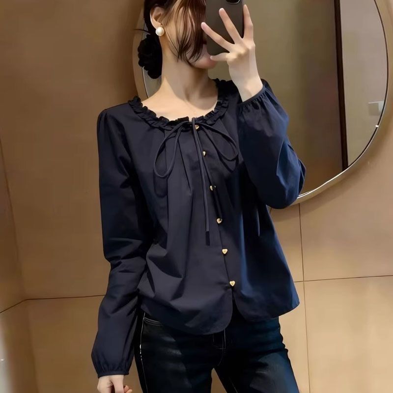 Trendy Navy Blue Casual Lace-Up Round Neck Design Shirt for Women, Spring Plus Size, Slightly Chubby, Loose and Unique Shirt Trendy Navy Blue Casual Lace-Up Round Neck Design Shirt for Women, Spring Plus Size, Slightly Chubby, Loose and Unique Shirt