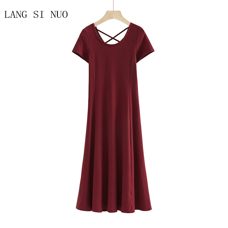 Mùa hè sexy hở lưng trên đầu gối váy dài nữ mới rắn màu cotton tinh khiết váy chữ A cổ ngắn tay ngắn xếp ly mỏng - A-Line Váy