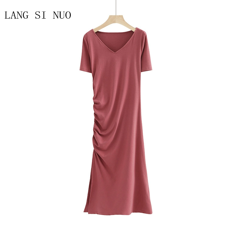 Mùa hè phong cách mới ngắn tay màu trơn thuần chất cotton viền xẻ tà Váy chữ A ôm eo dài đến đầu gối Váy nữ cổ chữ V dài - A-Line Váy