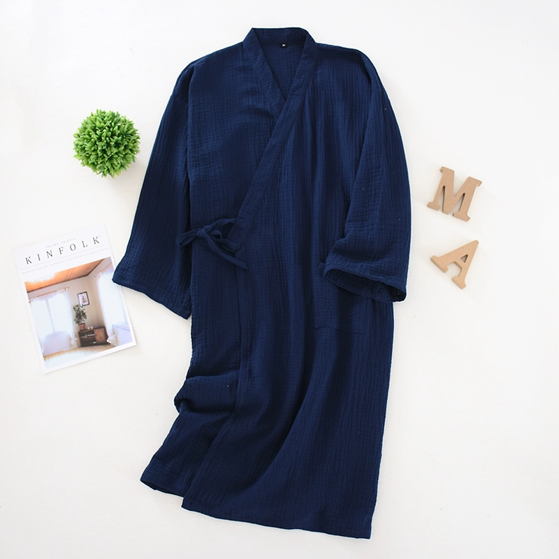 Đồ ngủ của nam giới Nhật Bản áo choàng tắm kimono mùa xuân và mùa thu đã giặt sạch bông gạc tinh khiết quần áo ở nhà Áo choàng ngủ thấm mồ hôi Nhật Bản - Night Robe
