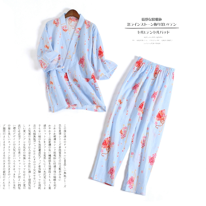 Của phụ nữ cotton đồ ngủ mùa hè mùa xuân và mùa thu mỏng gạc đôi ngắn tay Nhật Bản kimono dịch vụ nhà mồ hôi hấp quần áo áo choàng tắm