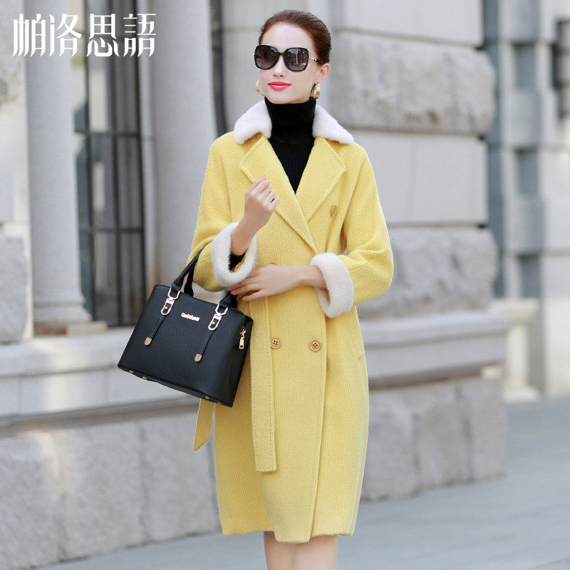 21 autumn and winter new popular Hepburn style woolen coat women's medium and long version mink collar slim non-cashmere coat
