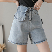 Ins rắn màu denim mới túi mùa hè thường Tiyi quần short cổng hương vị ống cá tính 5 điểm thẳng denim tinh khiết