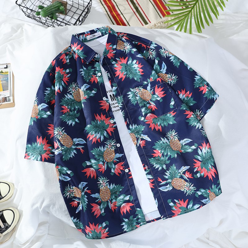 Cặp đôi Hồng Kông Gió Casual Bãi biển Hawaii Flower Vintage Kartshirt ngắn SleeveMen nam Tide Chic Loose